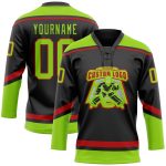 Custom Hockey Jersey with Personalized Name & Number in Black Neon Green-Red Lace Design Personalized Black Neon Green-Red