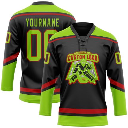 Custom Hockey Jersey with Personalized Name & Number in Black Neon Green-Red Lace Design Personalized Black Neon Green-Red