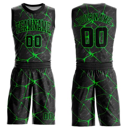 Custom Basketball Jersey with Personalized Name and Number, Black Neon Green Round Neck Sublimation Suit Personalized Black