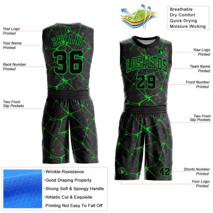 Custom Basketball Jersey with Personalized Name and Number, Black Neon Green Round Neck Sublimation Suit Personalized Black