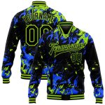 Custom 3D Bomber Varsity Jacket in Black Neon Green-Royal Full-Snap Design Personalized Black Neon Green-Royal 3D Bomber