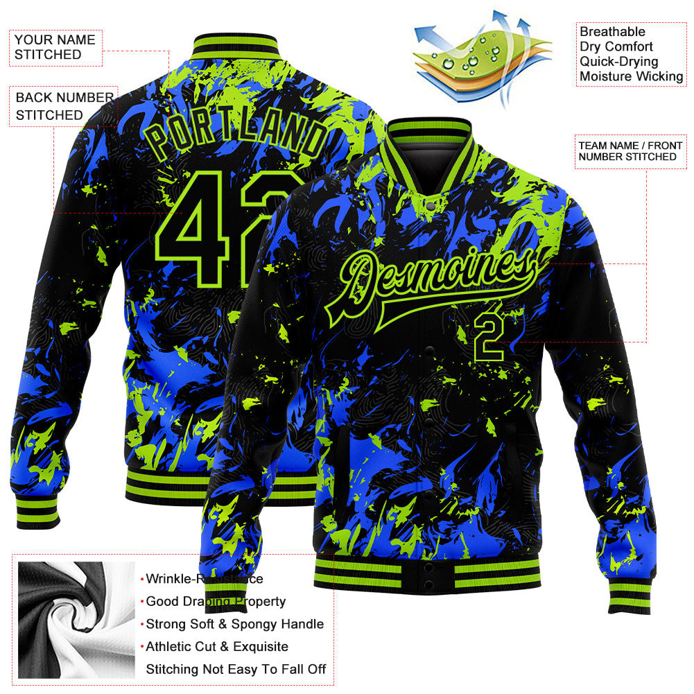 Personalized Black Neon Green-Royal 3D Pattern Design Bomber Full-Snap Varsity Letterman Jacket Team Custom Name and Number Custom Name and Number Black Neon Green-Royal 3D Pattern Bomber Varsity Letterman Jacket Personalized Black Neon Green-Royal - Image 3