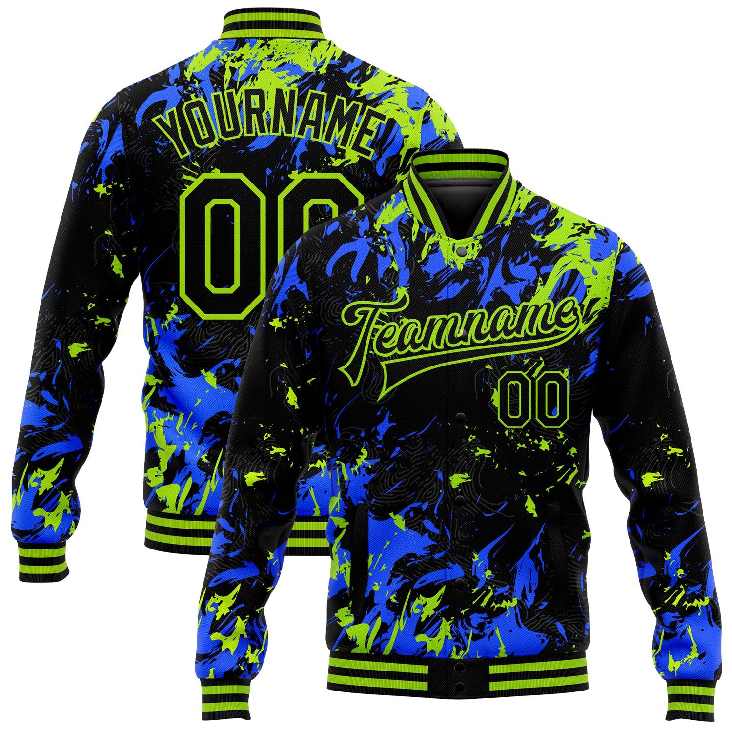 Custom Name and Number Black Neon Green-Royal 3D Pattern Bomber Varsity Letterman Jacket Personalized Black Neon Green-Royal