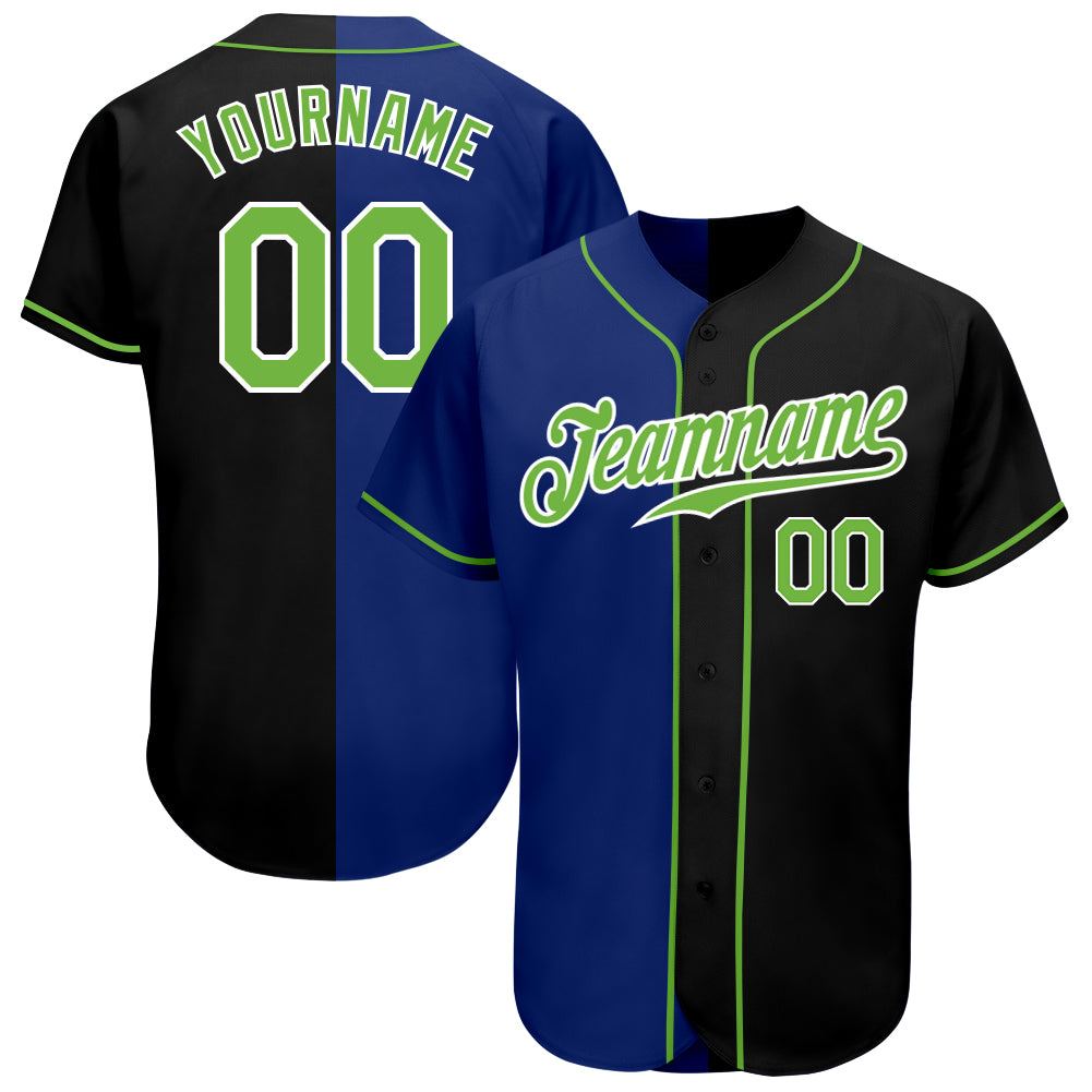 Personalized Black Neon Green Royal Split Fashion Baseball Jersey for Men Personalized Black Neon Green-Royal Split Fashion