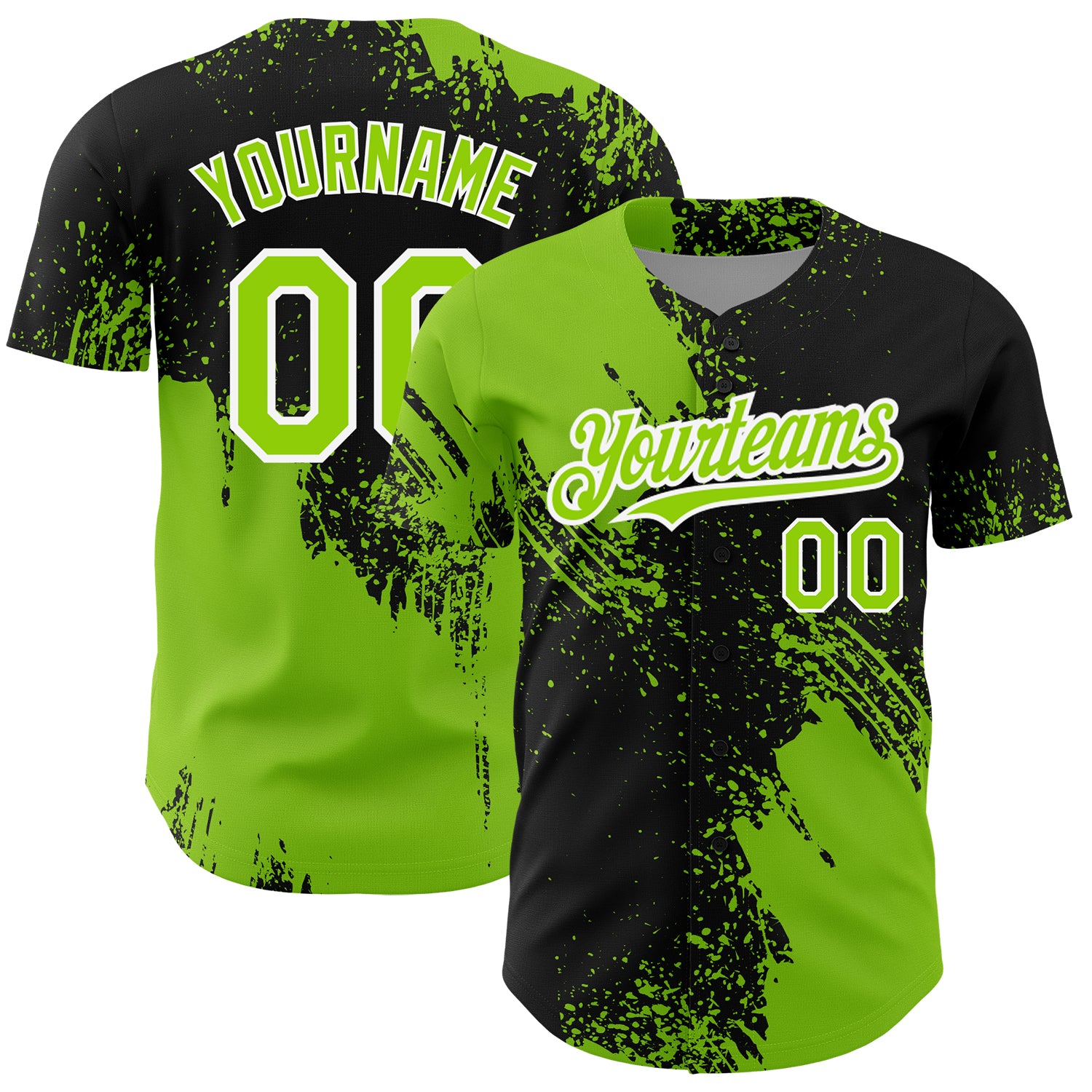 Personalized 3D Abstract Brush Stroke Baseball Jersey in Black Neon Green-White Personalized Black Neon Green-White 3D Abstract