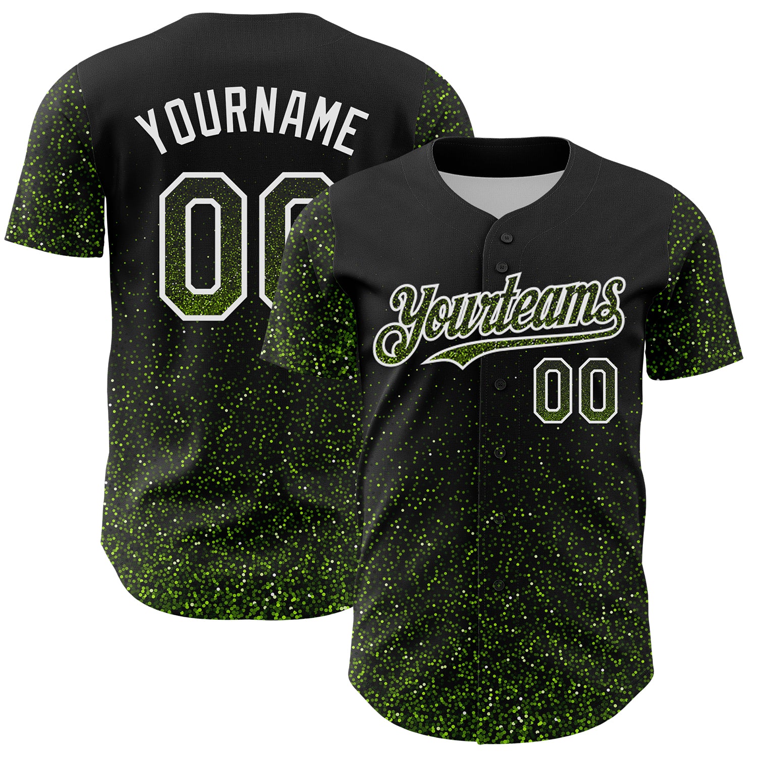 Personalized Black Neon Green Glitter 3D Abstract Baseball Jersey for Men Personalized Black Neon Green-White 3D Abstract