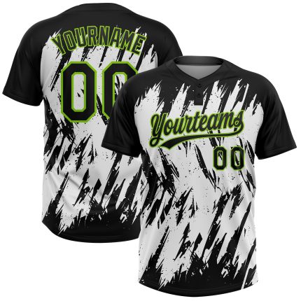 Personalized 3D Abstract Sharp Shape Unisex Softball Jersey - Black Neon Green-White Two-Button Design Personalized Black