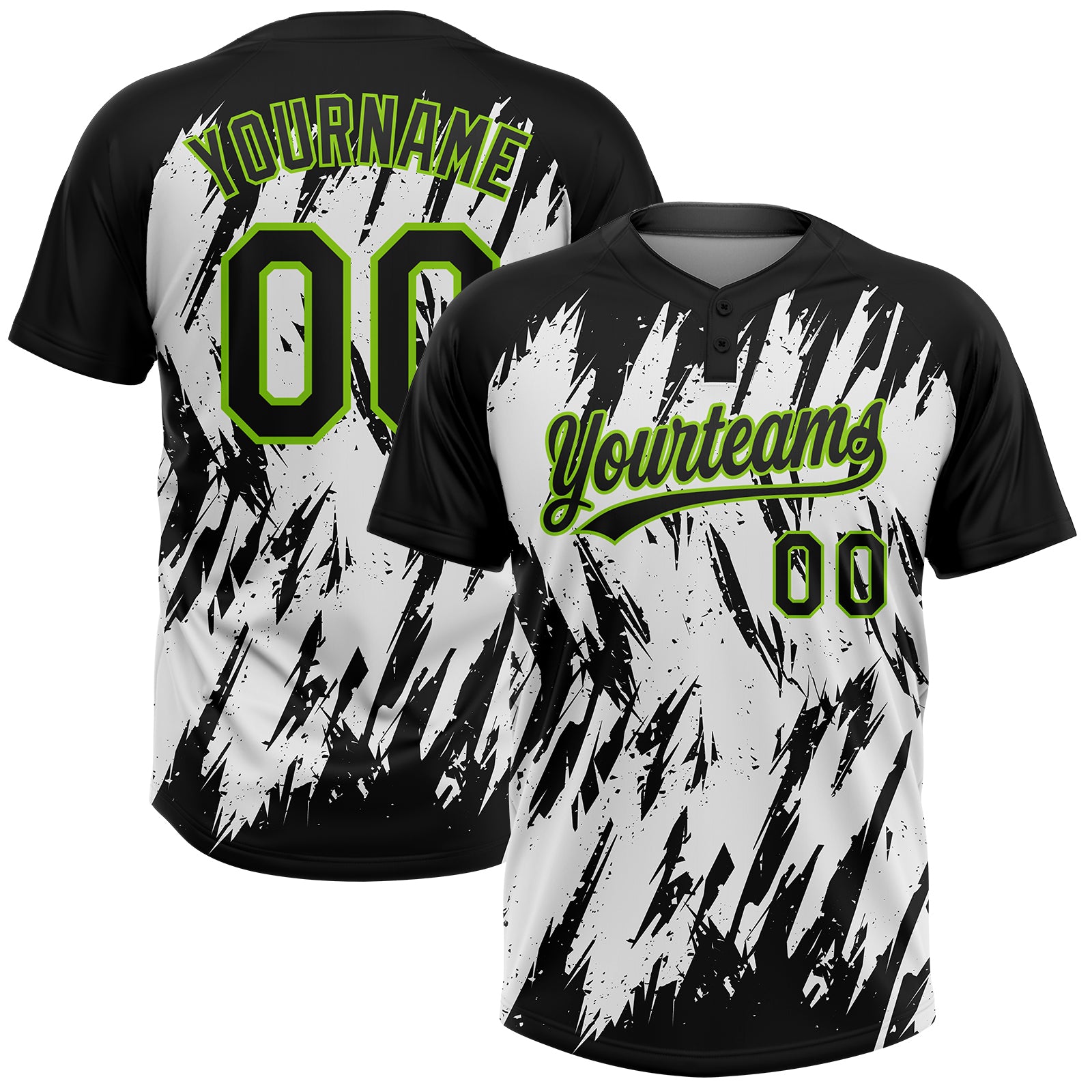 Personalized 3D Abstract Sharp Shape Unisex Softball Jersey - Black Neon Green-White Two-Button Design Personalized Black
