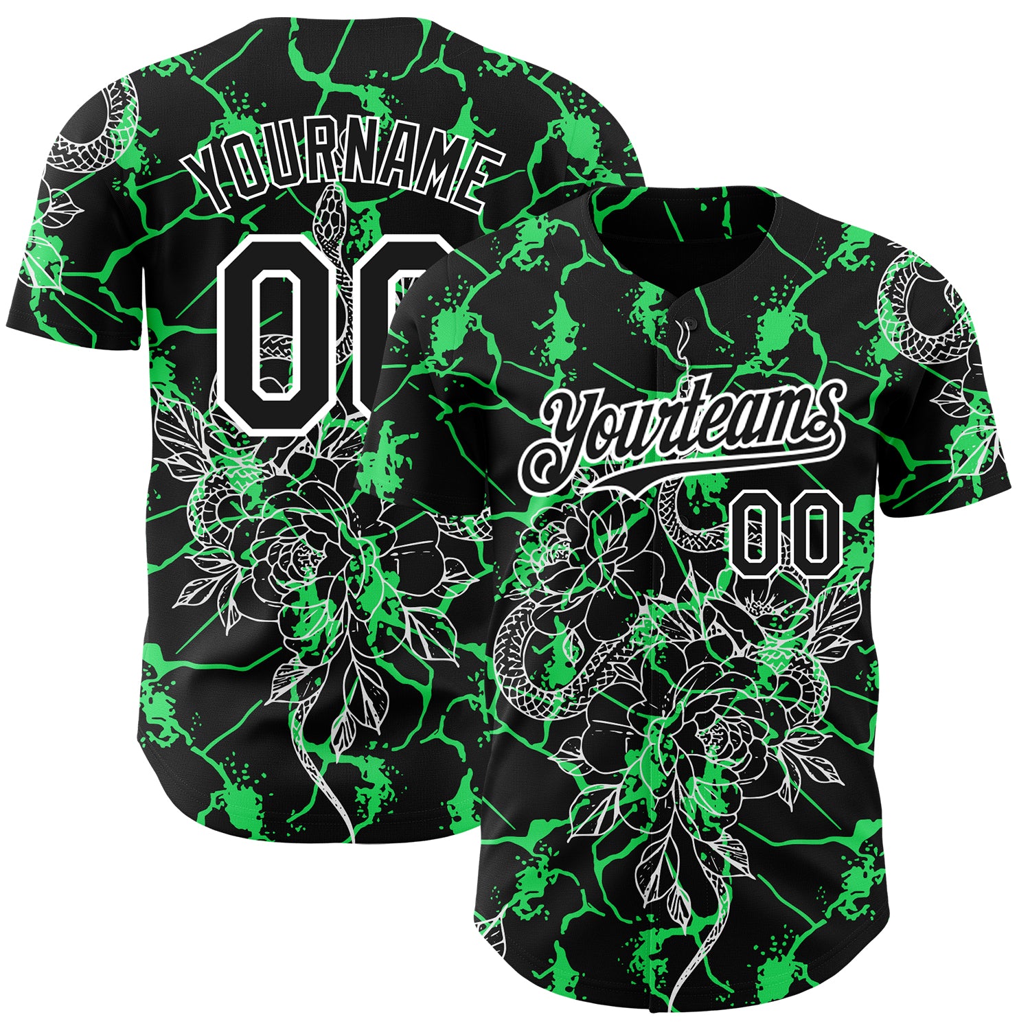 Personalized 3D Snake Baseball Jersey in Black Neon Green White - Custom Animal Sportswear Personalized Black Neon Green-White