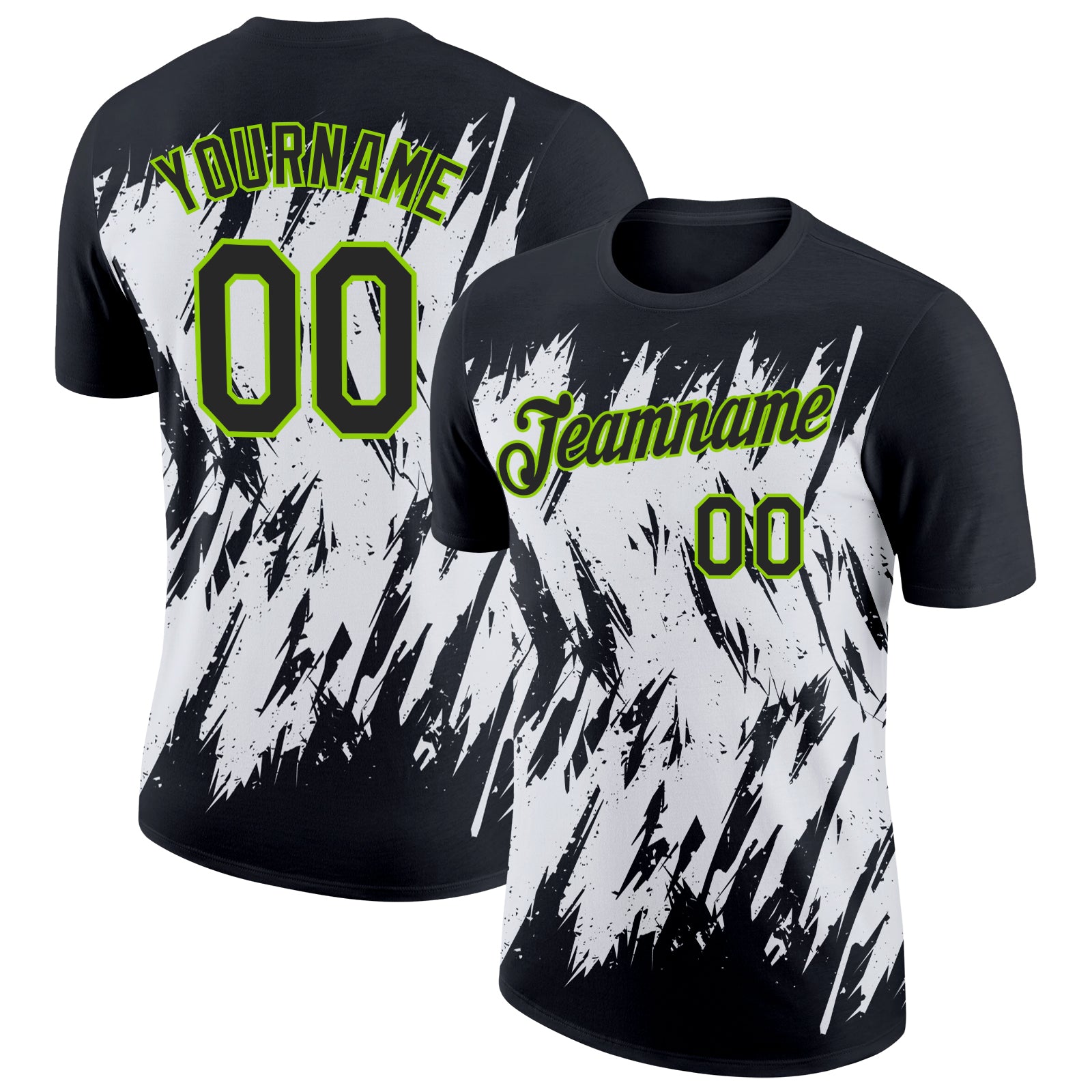 Custom Team Performance T-Shirt - Personalized Black Neon Green-White 3D Pattern Design with Sharp Shapes, Name & Number