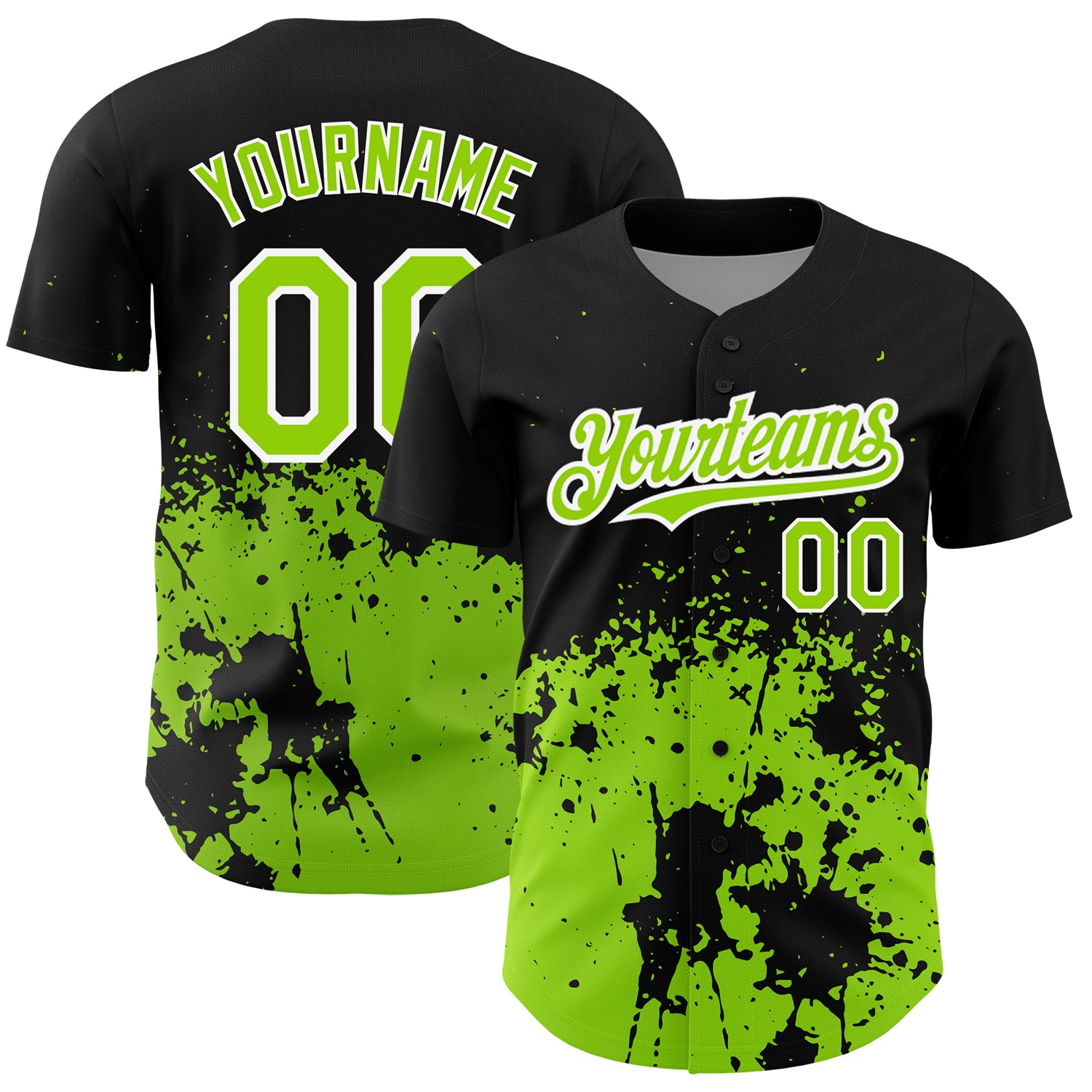 Customizable 3D Splash Grunge Abstract Baseball Jersey - Personalized Black Neon Green & White Team Name and Number Personalized