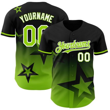 Personalized Twinkle Star 3D Gradient Baseball Jersey - Custom Name & Number in Black Neon Green-White Design Personalized