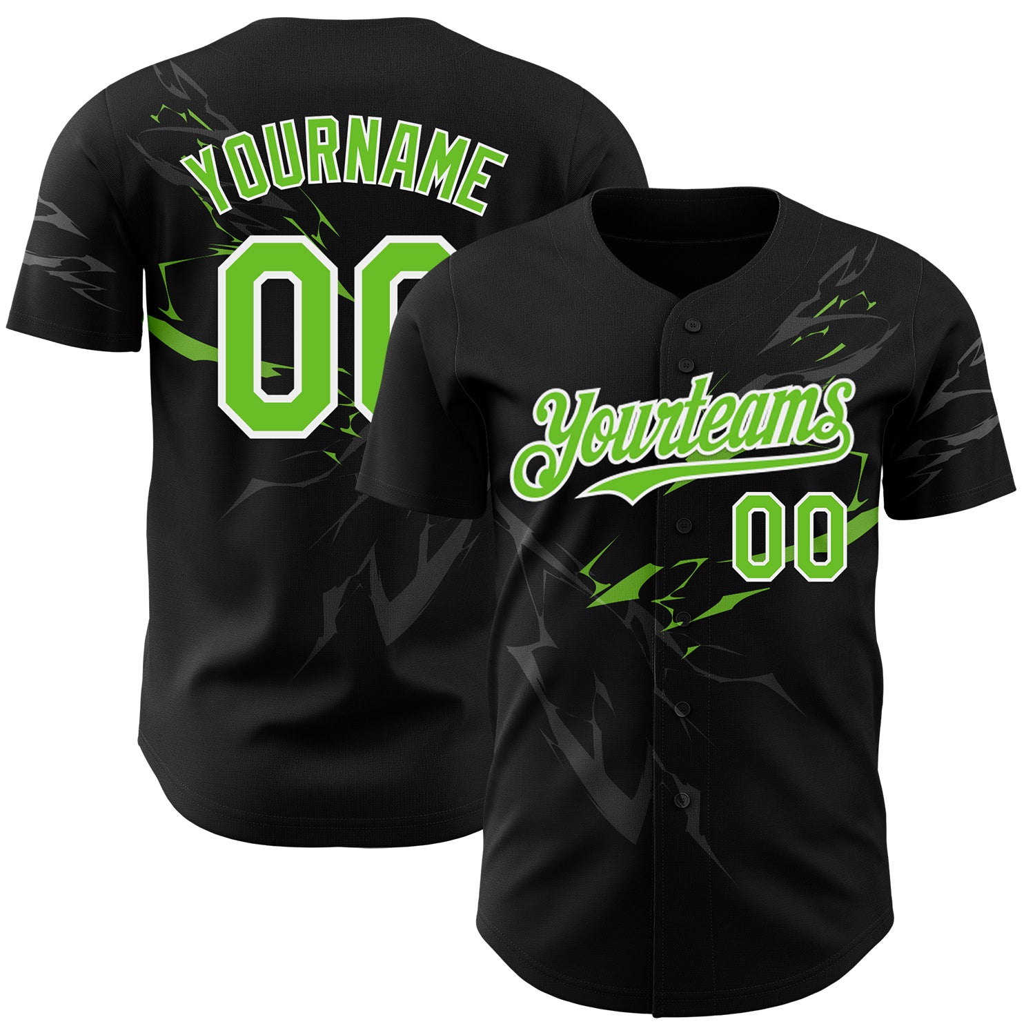Custom Name and Number Personalized 3D Lightning Pattern Baseball Jersey - Black Neon Green-White Design Personalized Black