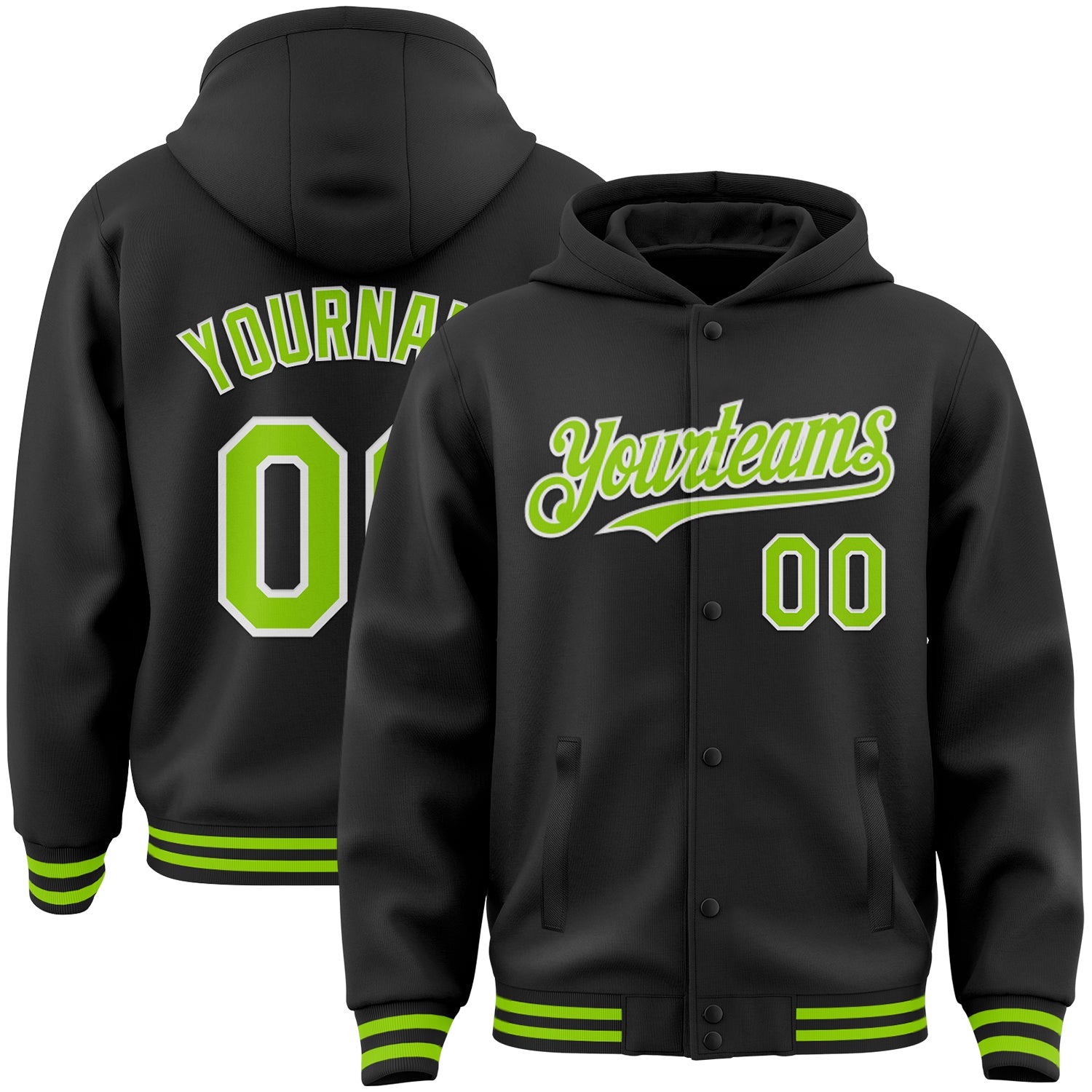 Custom Name and Number Varsity Bomber Hoodie Jacket - Black Neon Green White Full-Snap Letterman Style Personalized Black