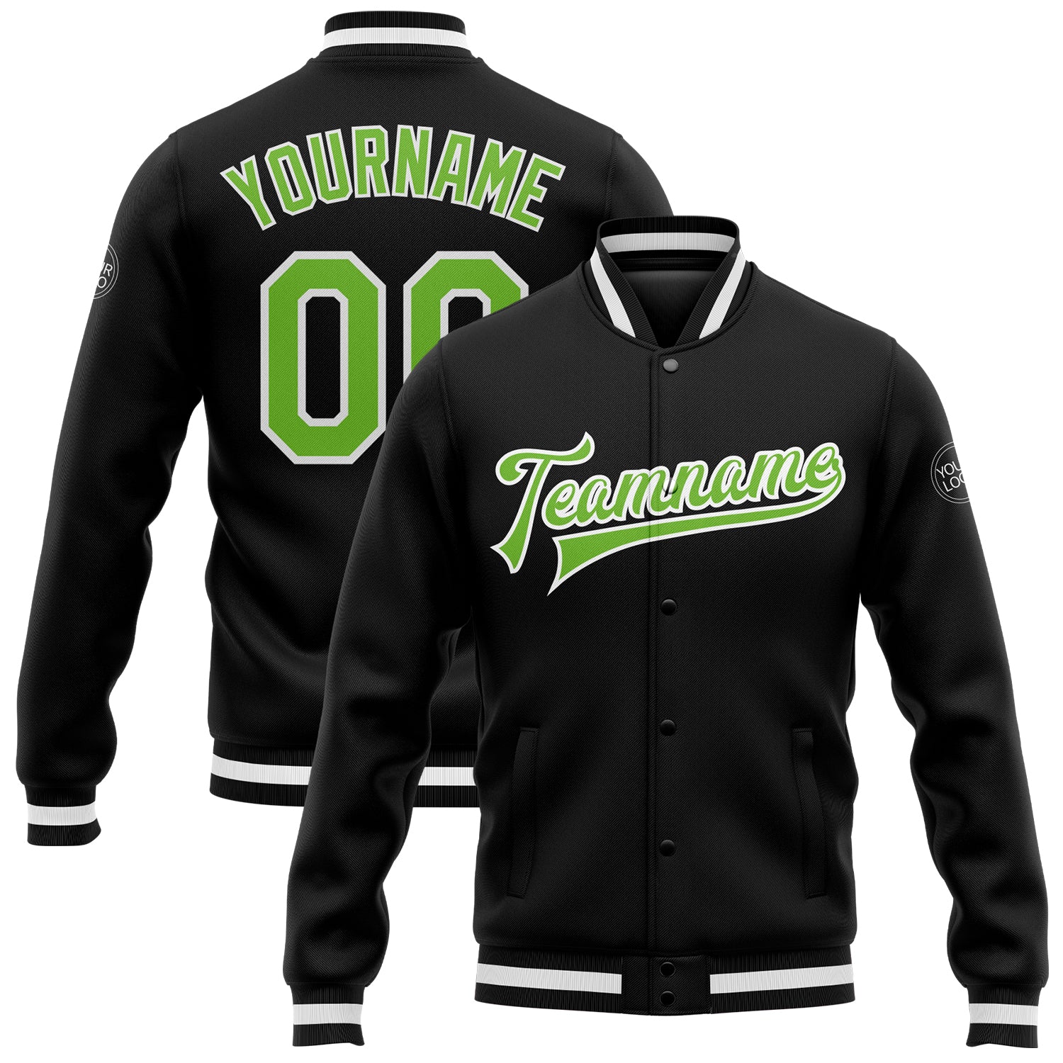 Personalized Black Varsity Letterman Jacket in Neon Green and White, Bomber Full-Snap Design Personalized Black Neon Green-White