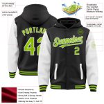 Custom Varsity Letterman Hoodie Jacket - Personalized Black Neon Green White Full-Snap Two Tone with Team Name and Number