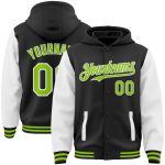 Custom Varsity Letterman Hoodie Jacket - Personalized Black Neon Green White Full-Snap Two Tone with Team Name and Number
