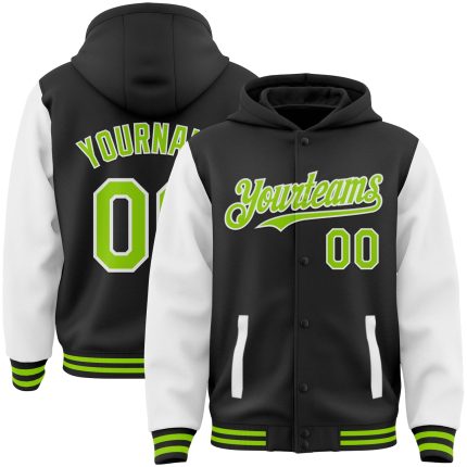 Custom Varsity Letterman Hoodie Jacket - Personalized Black Neon Green White Full-Snap Two Tone with Team Name and Number