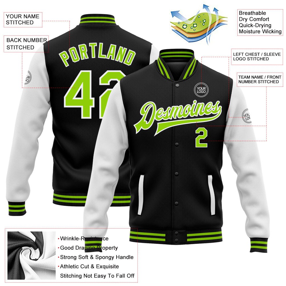 Personalized Varsity Letterman Jacket - Black Neon Green-White Full-Snap Two Tone Bomber Personalized Black Neon Green-White - Image 5