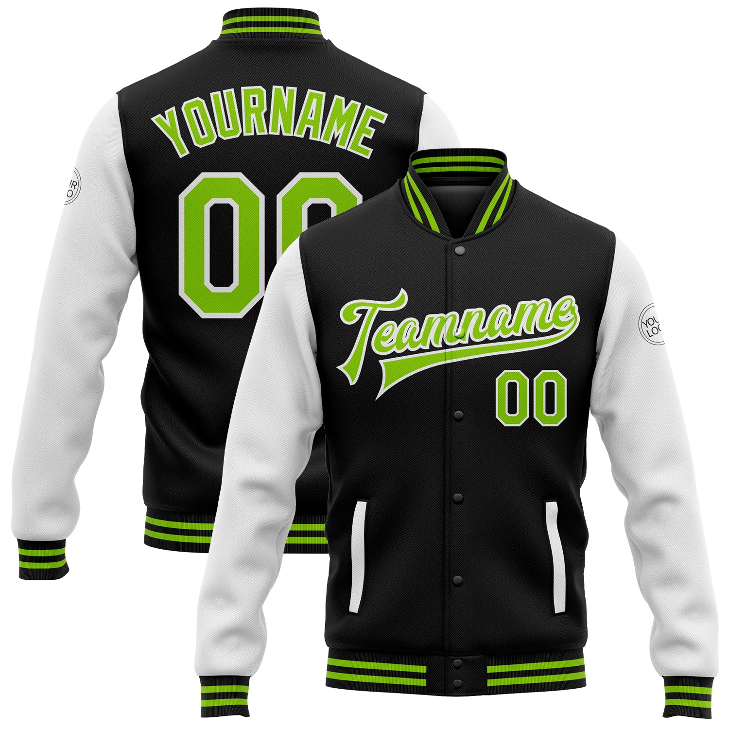 Custom Name Number Two Tone Varsity Jacket Black Neon Green White Full-Snap Bomber for Team Personalized Sports Apparel Personalized