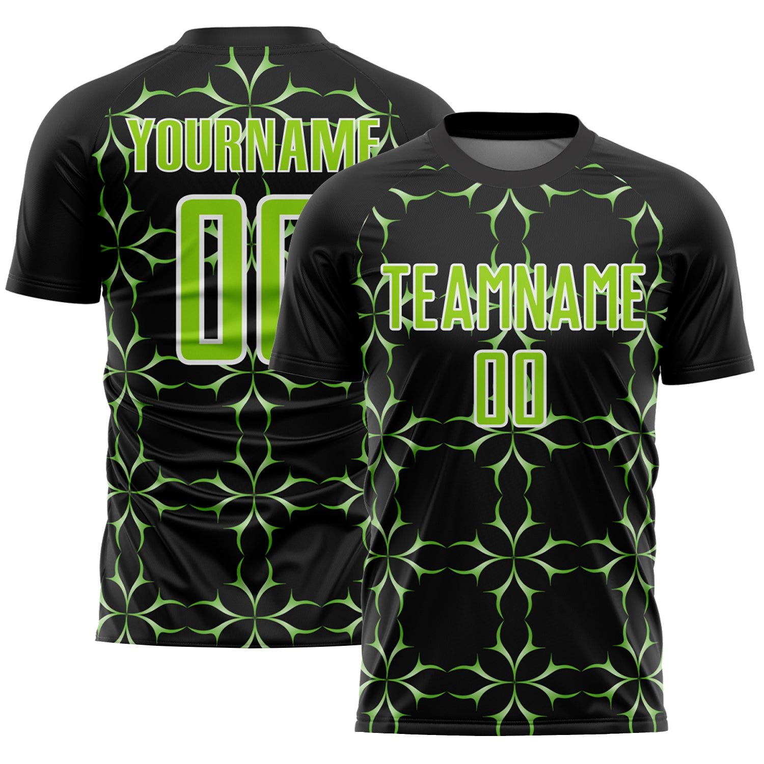 Custom Sublimation Soccer Jersey with Personalized Name & Number - Black Neon Green & White Damask Pattern Team Uniform Personalized