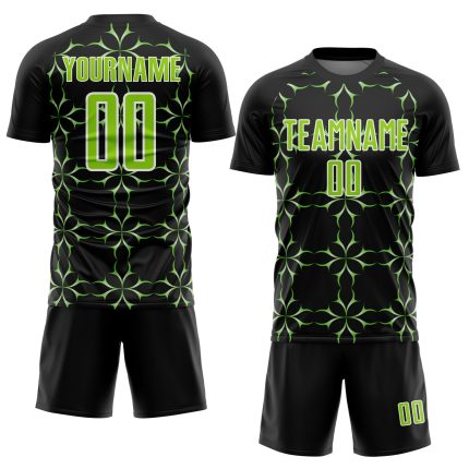 Personalized Neon Green Black Damask Sublimation Soccer Jersey Uniform Personalized Black Neon Green-White Damask Sublimation