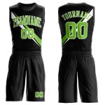 Custom Basketball Jersey with Personalized Name and Number, Black Neon Green-White Diagonal Lines, Round Neck Sublimation Design