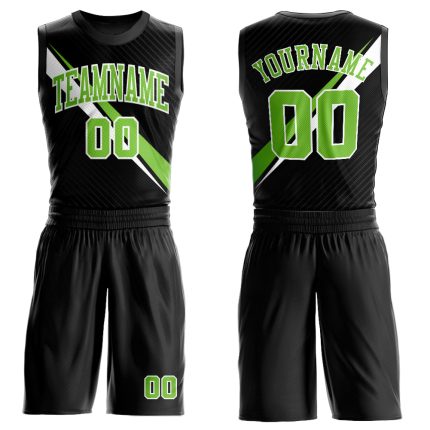 Custom Basketball Jersey with Personalized Name and Number, Black Neon Green-White Diagonal Lines, Round Neck Sublimation Design