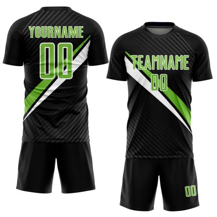 Personalized Black and Green Diagonal Lines Soccer Jersey | Sublimation Uniform Personalized Black Neon Green-White Diagonal