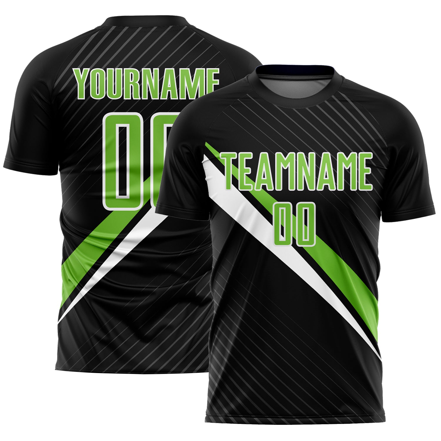 Custom Soccer Jersey with Personalized Name & Number - Black Neon Green-White Diagonal Lines Design Personalized Black Neon