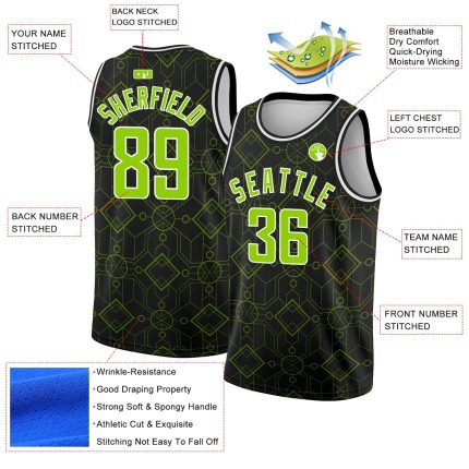 Custom Black Neon Green White Basketball Jersey with Geometric Shapes - Personalized Team Name and Number, Authentic City Edition
