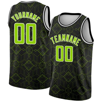 Custom Black Neon Green White Basketball Jersey with Geometric Shapes - Personalized Team Name and Number, Authentic City Edition