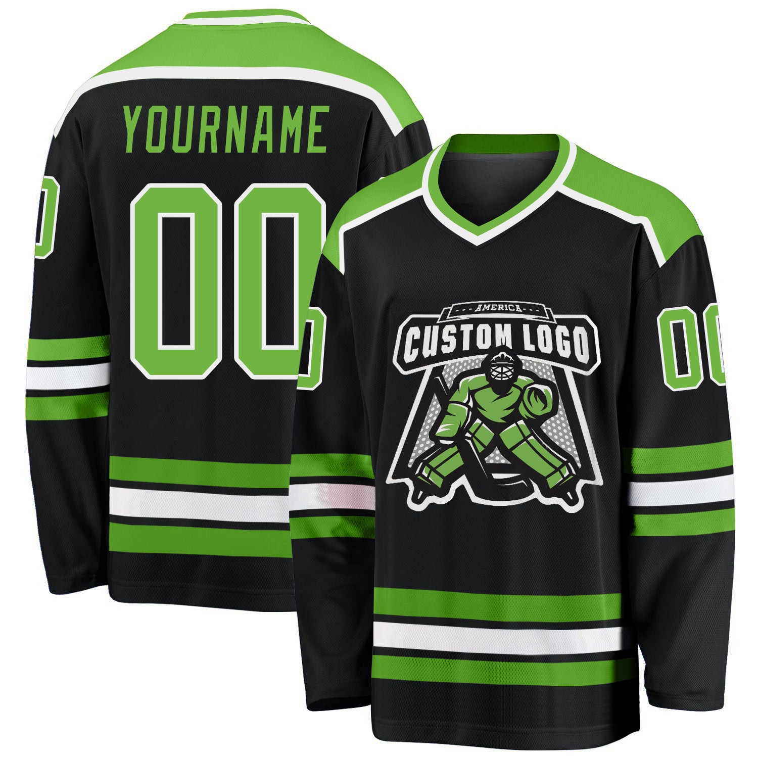 Personalized Hockey Jersey Black Neon Green-White Design, Customizable 2 Personalized Black Neon Green-White Hockey Jersey