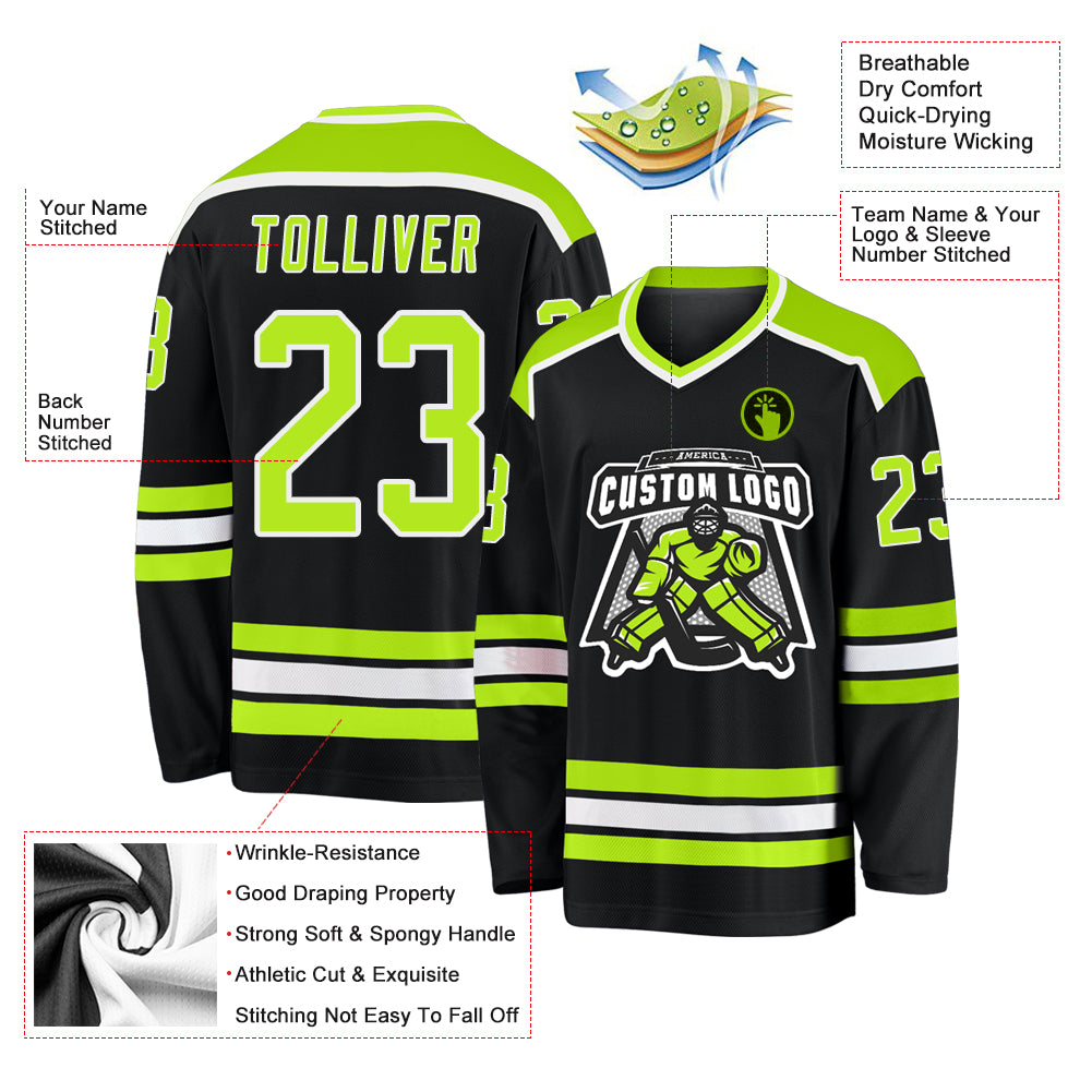 Personalized Black Neon Green White Hockey Jersey for Men and Women - Customizable Sports Apparel Personalized Black Neon - Image 3