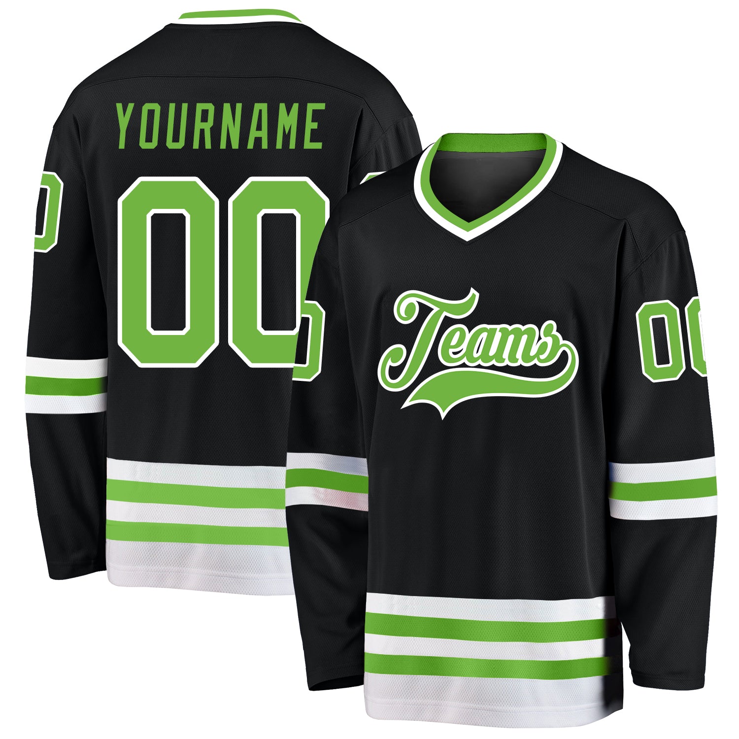 Personalized Hockey Jersey in Black Neon Green and White - Custom Team Apparel Personalized Black Neon Green-White Hockey