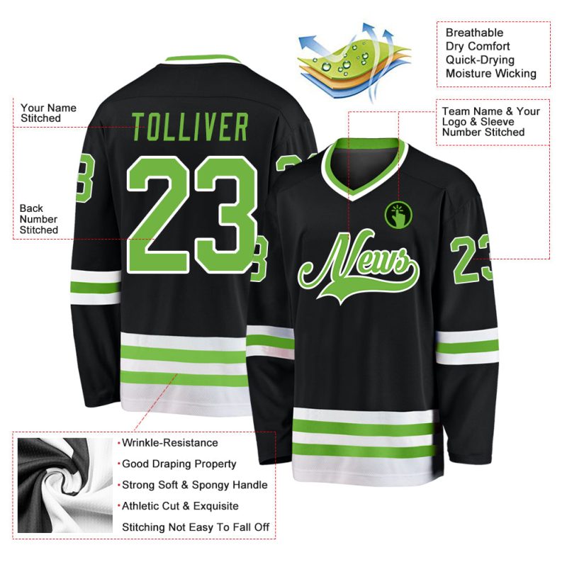 Custom Name and Number Hockey Jersey - Personalized Black Neon Green and White Design Personalized Black Neon Green-White