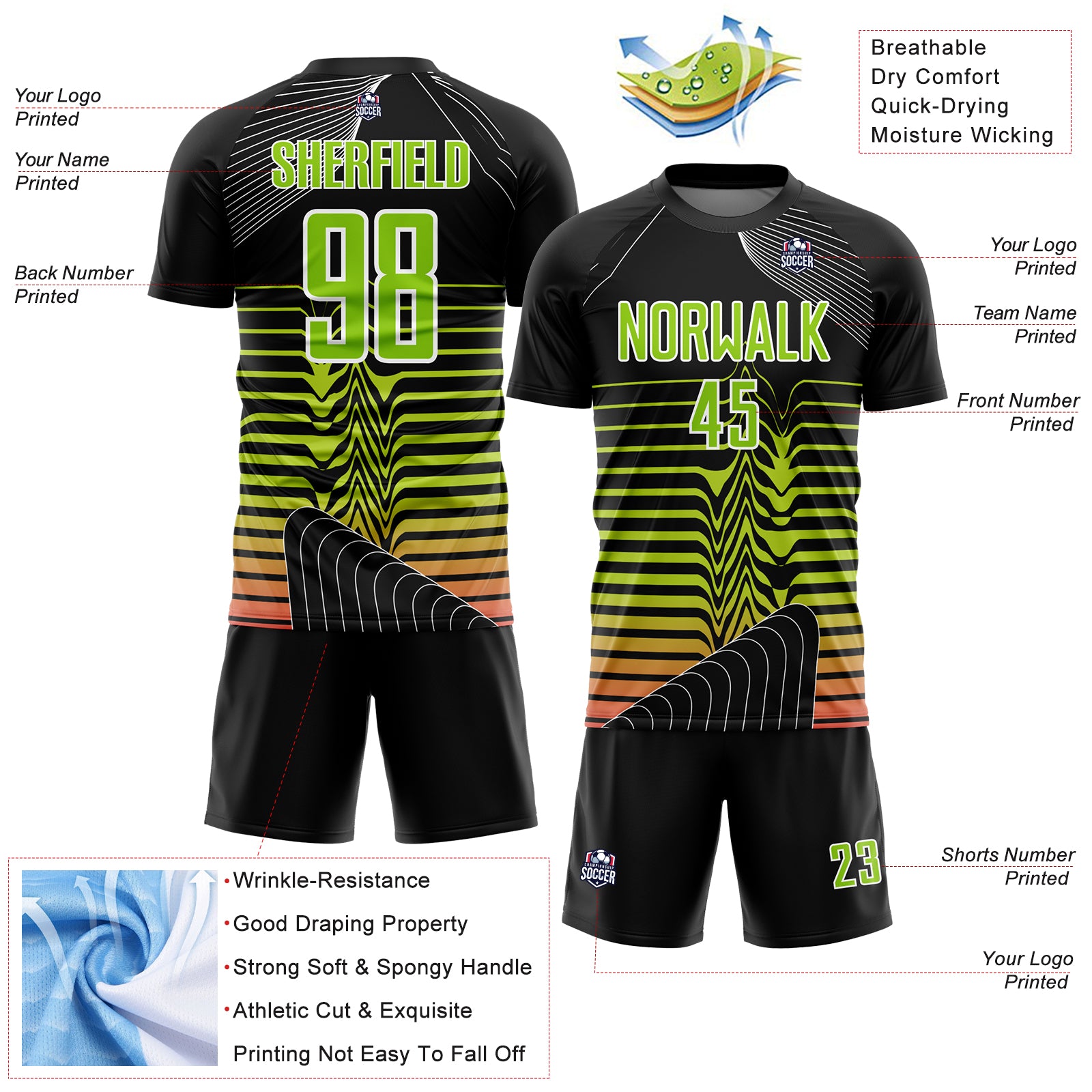 Personalized Sublimation Soccer Jersey - Black Neon Green-White Lines Uniform Personalized Black Neon Green-White Lines Sublimation - Image 4