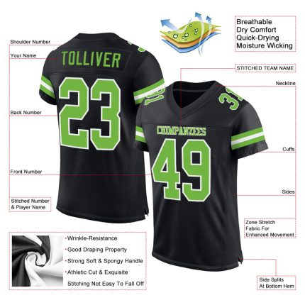 Custom Black Neon Green White Mesh Football Jersey with Personalized Name and Number - Authentic Team Gear Personalized Black