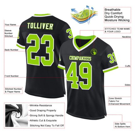 Personalized Football Jersey with Custom Name and Number, Black Neon Green-White Mesh, Authentic Throwback Style Personalized