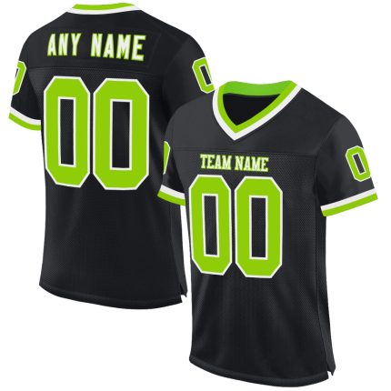 Personalized Black Neon Green White Throwback Football Jersey Mesh Design Personalized Black Neon Green-White Mesh Throwback