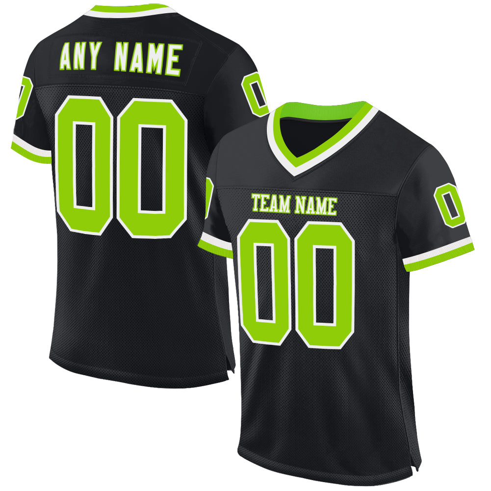 Personalized Black Neon Green White Throwback Football Jersey Mesh Design Personalized Black Neon Green-White Mesh Throwback