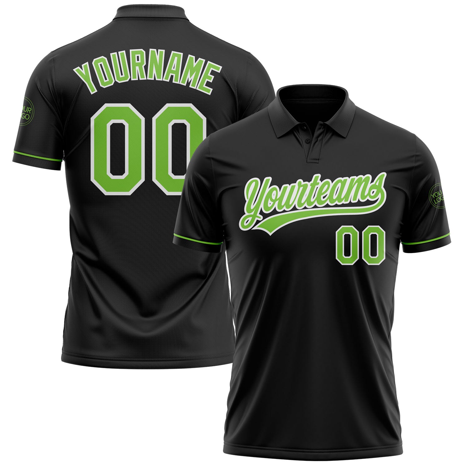 Custom Team Performance Golf Polo Shirt - Personalized Black Neon Green-White with Name and Number Personalized Black Neon
