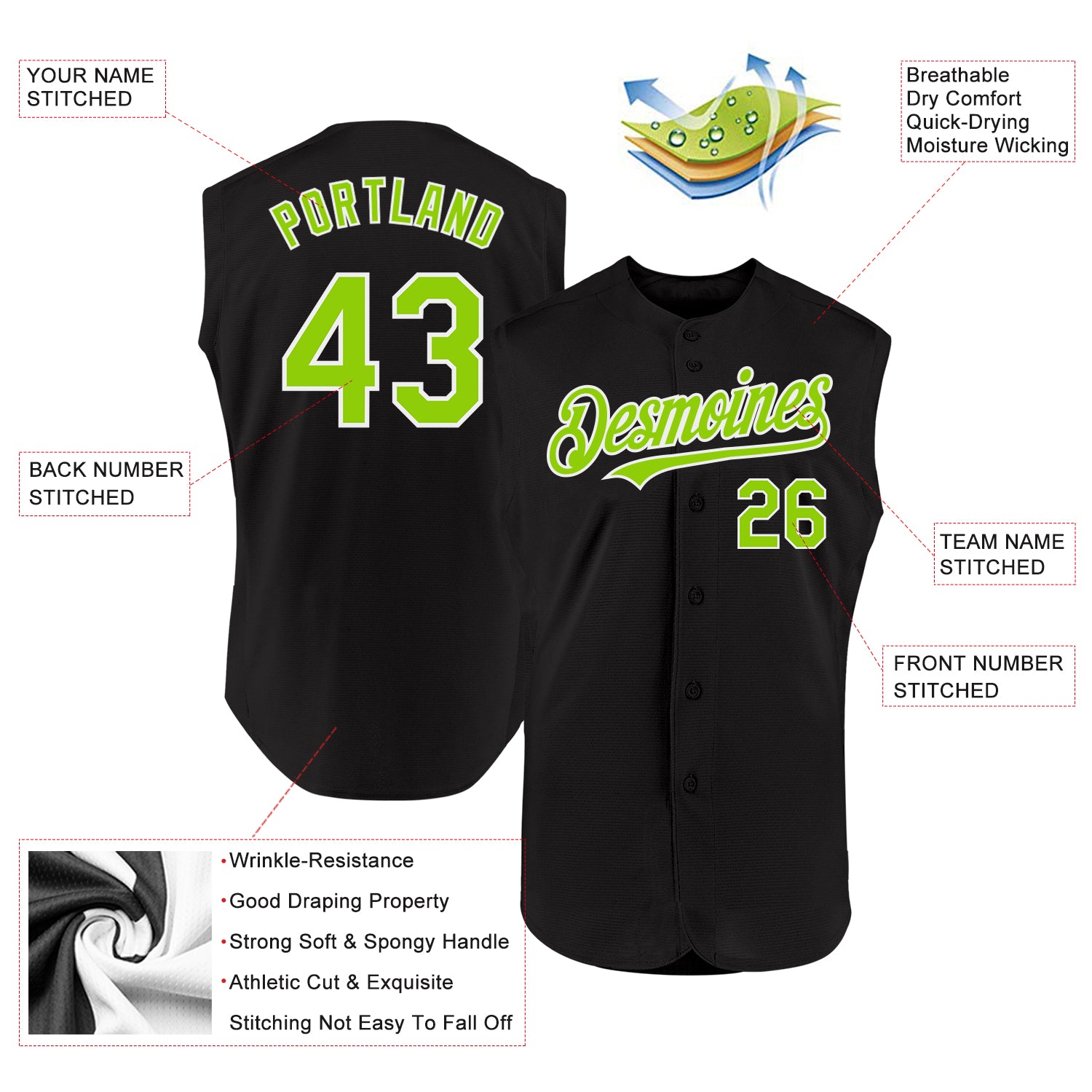 Personalized Neon Green White Black Baseball Jersey Sleeveless for Men Personalized Black Neon Green-White Sleeveless Baseball - Image 2