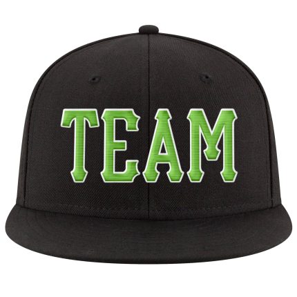 Personalized Adjustable Snapback Hat in Black Neon Green and White Stitching Personalized Black Neon Green-White Stitched