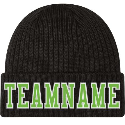 Personalized Black Neon Green White Stitched Cuffed Knit Hat for Adults Personalized Black Neon Green-White Stitched Cuffed