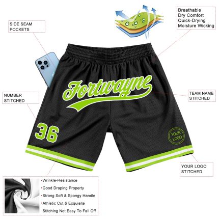 Personalized Black Neon Green White Throwback Basketball Shorts for Men Personalized Black Neon Green-White Throwback Basketball