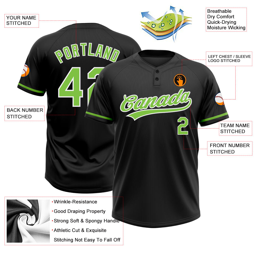 Personalized Neon Green and White Two-Button Softball Jersey for Unisex, Black Design Personalized Black Neon Green-White - Image 3
