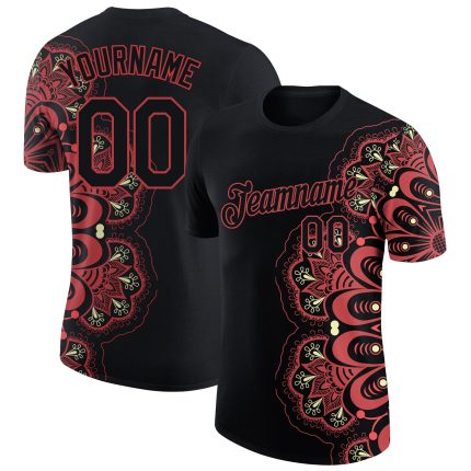 Personalized 3D Floral Design T-Shirt in Black & Neon Pink for Performance Use Personalized Black Neon Pink 3D Floral Design
