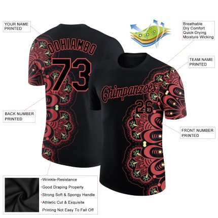 Personalized 3D Floral Design T-Shirt in Black & Neon Pink for Performance Use Personalized Black Neon Pink 3D Floral Design
