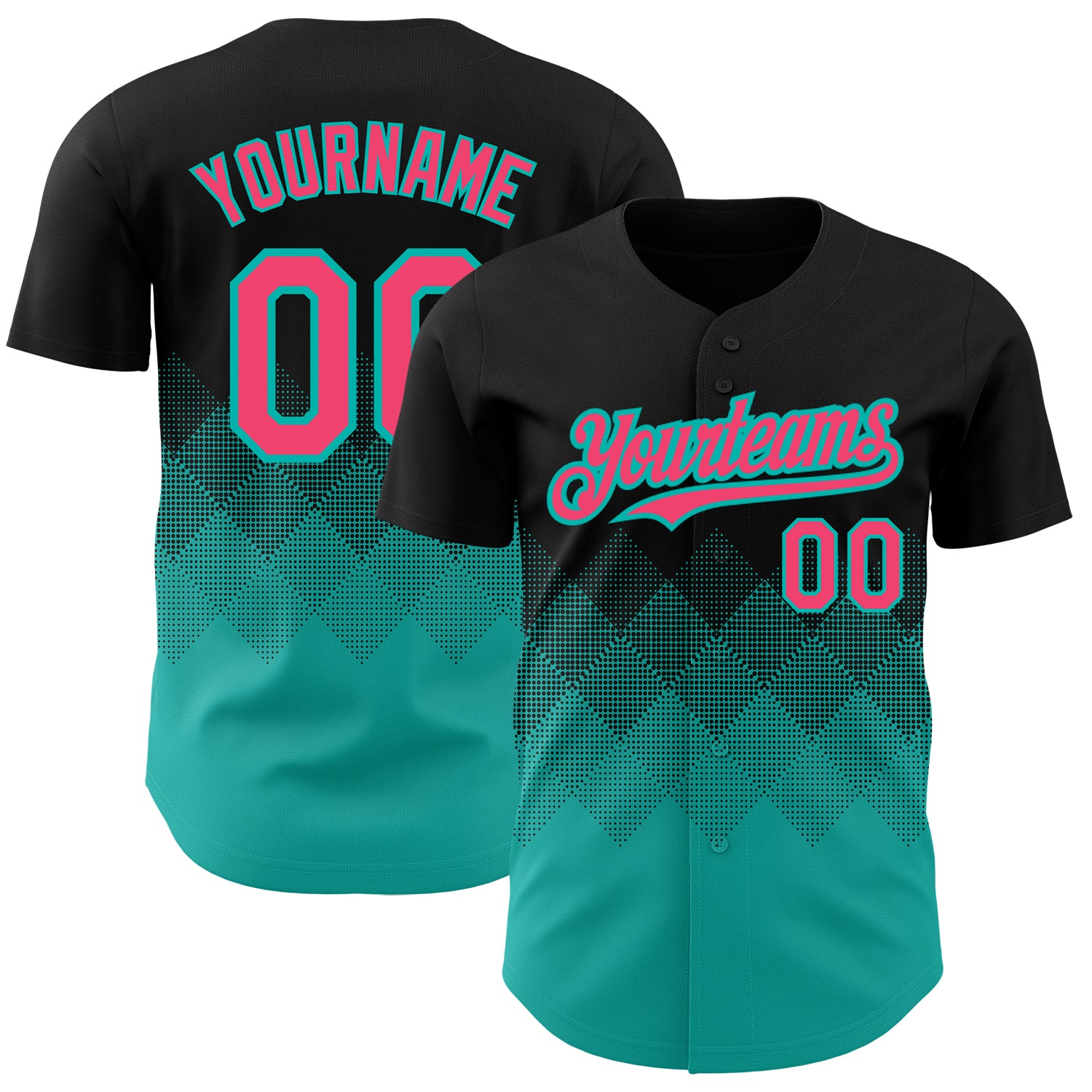 Personalized 3D Gradient Black Neon Pink-Aqua Square Shapes Baseball Jersey Personalized Black Neon Pink-Aqua 3D Gradient